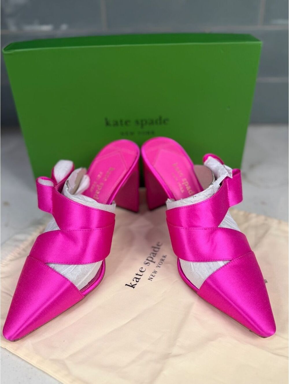 Kate Spade Women's Biana Hot Pink Satin Bow High Heel Mules Sz 8.5B NWT